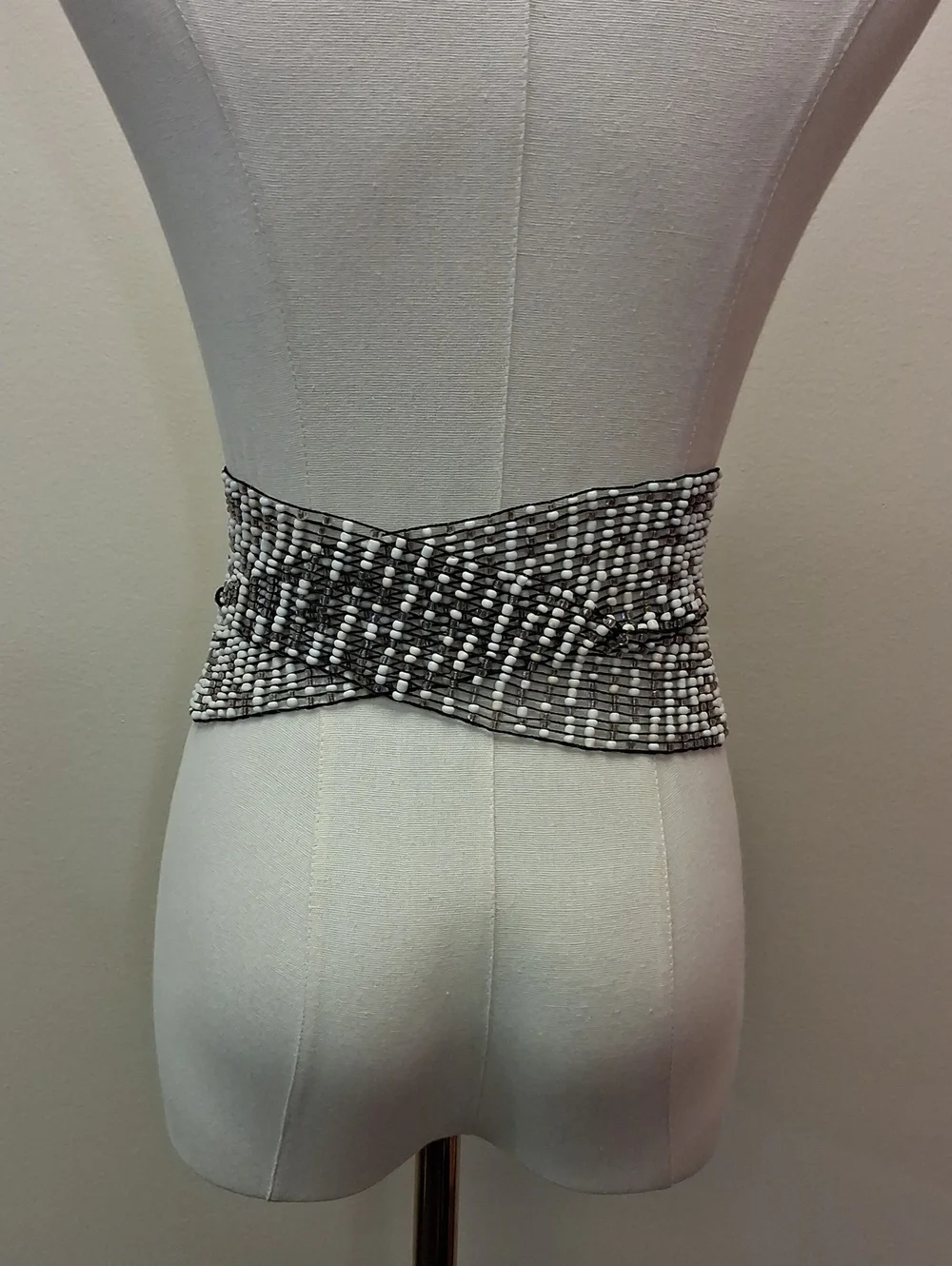 Beaded Elastic Wide Waist Belt Wood Buckle Gray White Y2K One Size